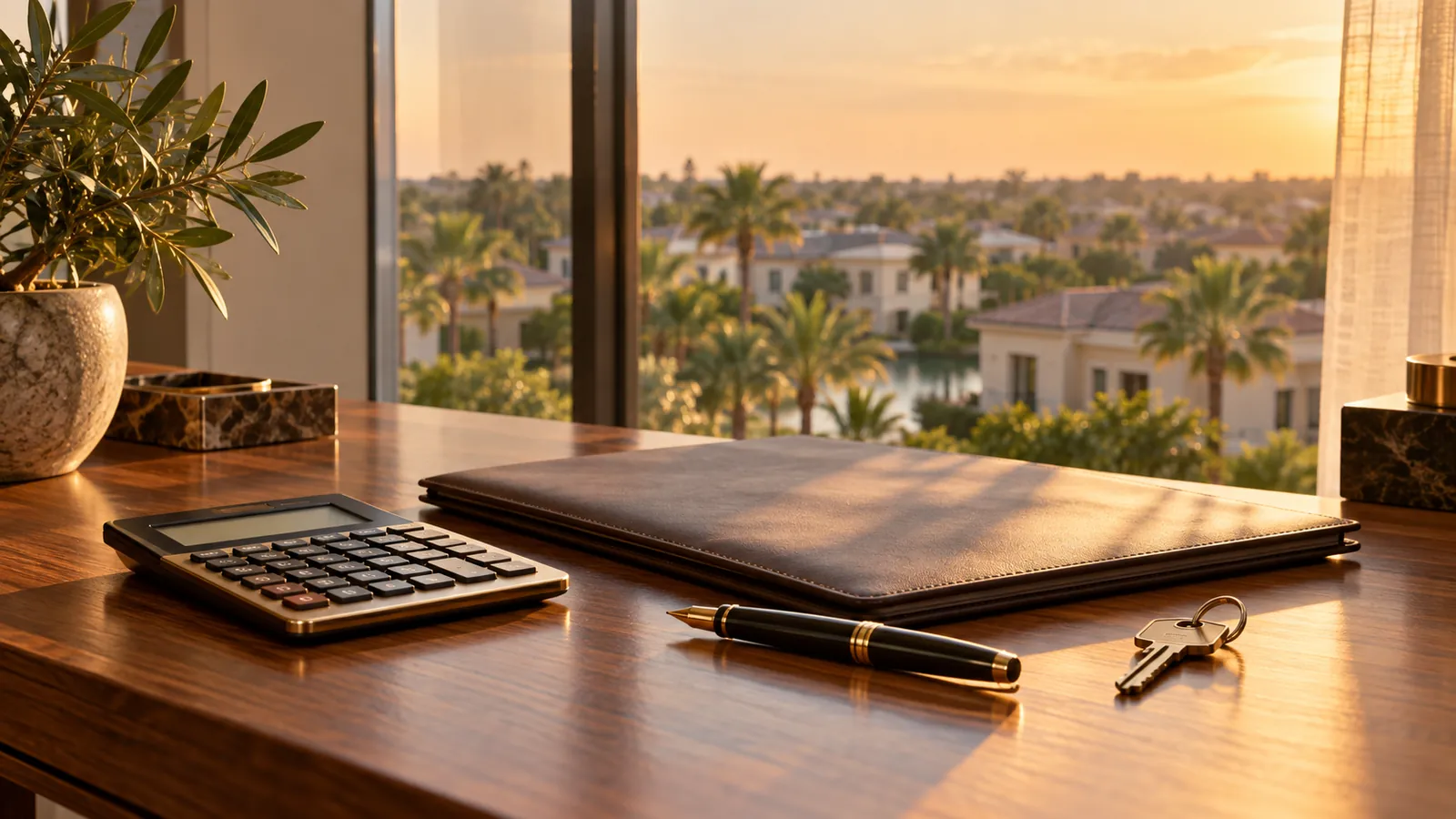 Illustrative desk with calculator, folder and house key beside a window over villa rooftops