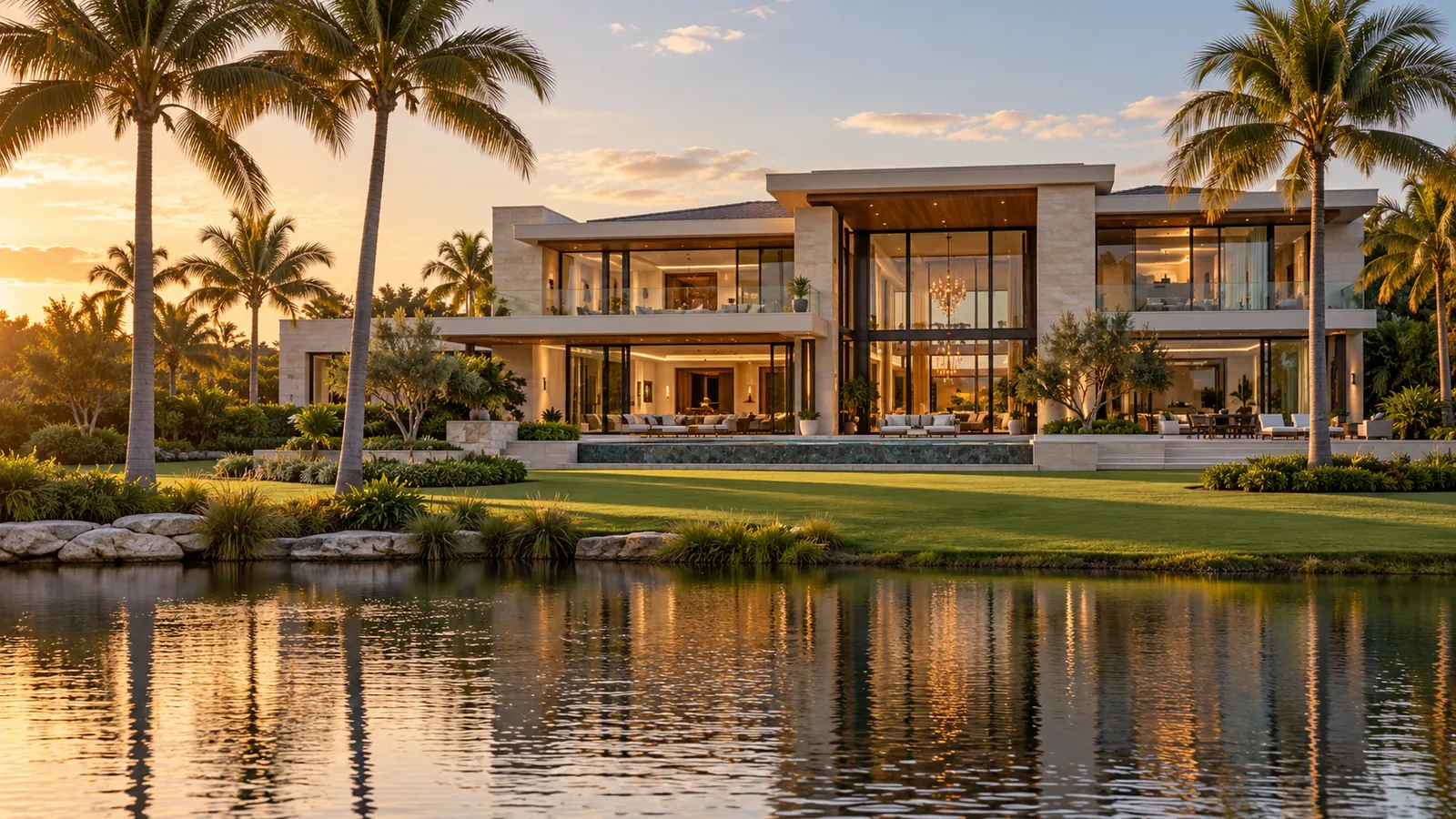 Illustrative contemporary custom villa facade across a lake and lawn