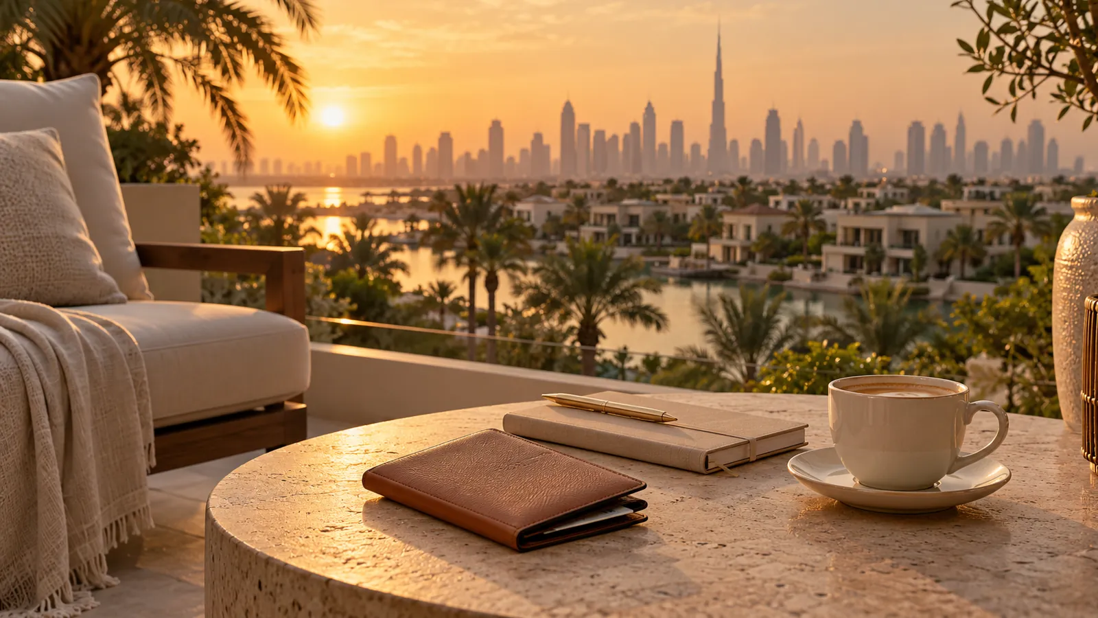 Illustrative terrace table with travel wallet and notebook overlooking a villa community