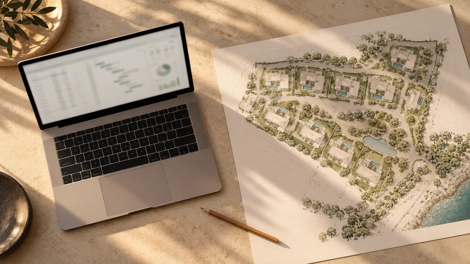 Illustrative laptop and printed community site plan on a stone table