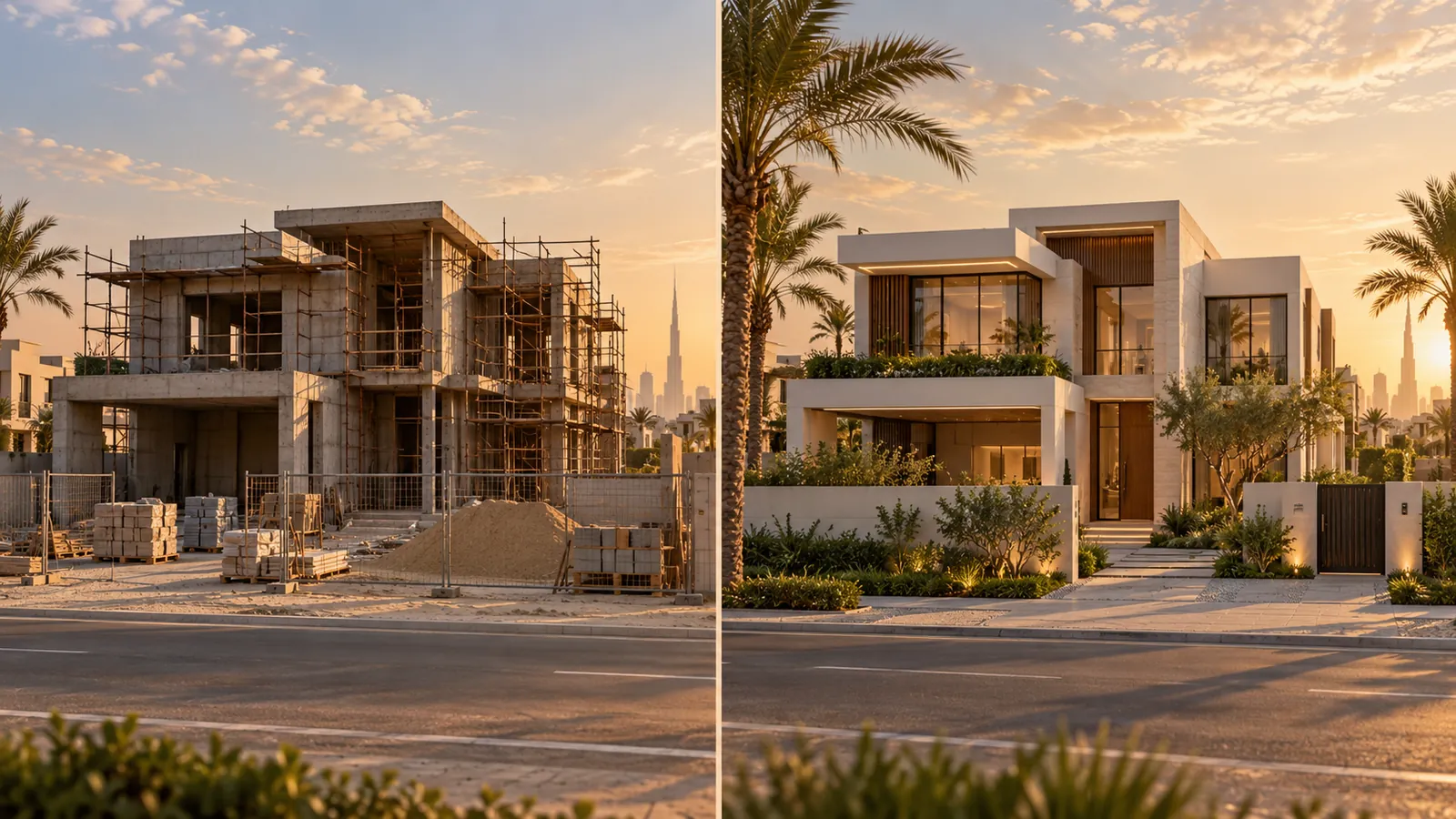 Illustrative comparison of a villa under construction beside a finished villa