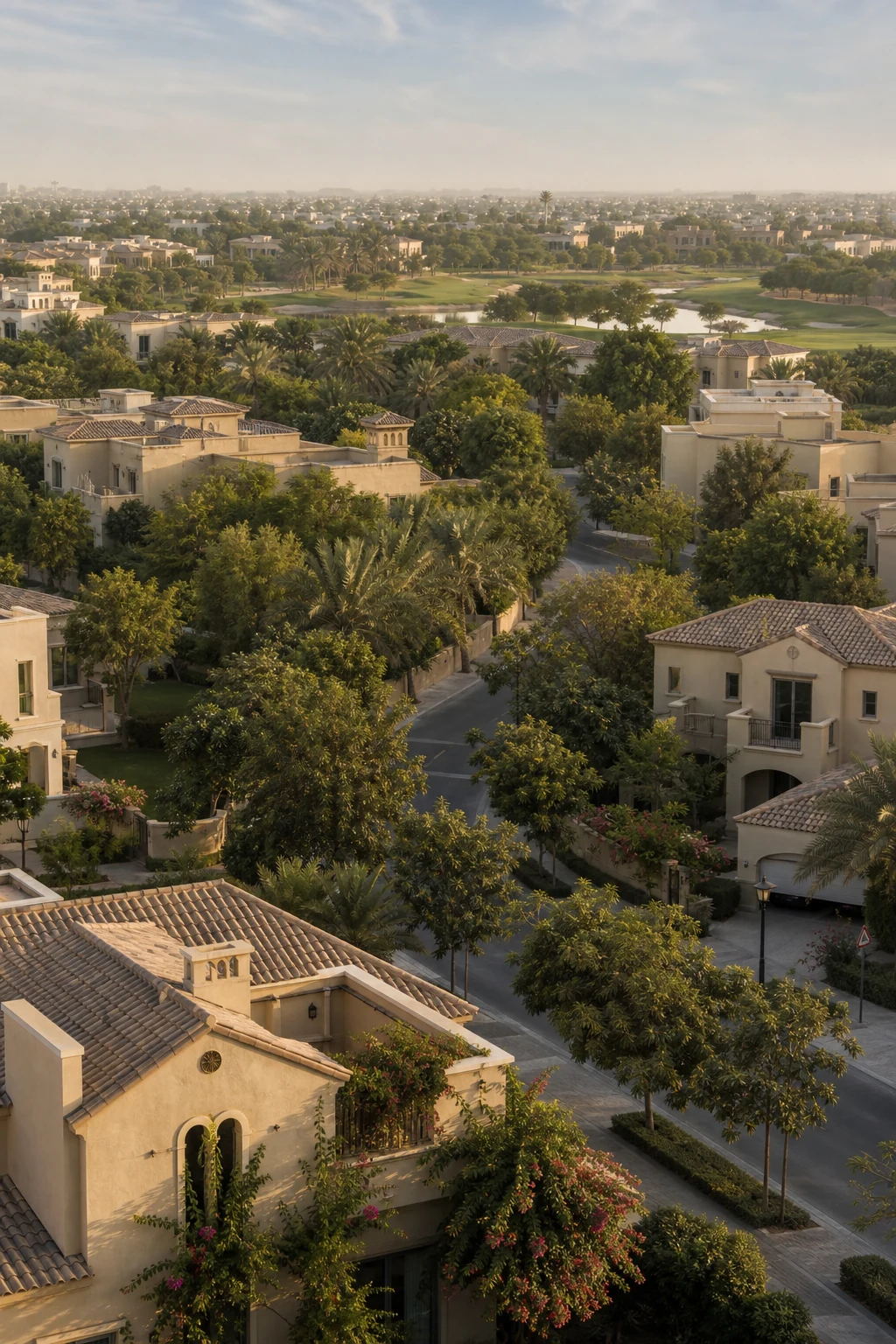 An elevated view across Arabian Ranches villas, mature streets and the golf course