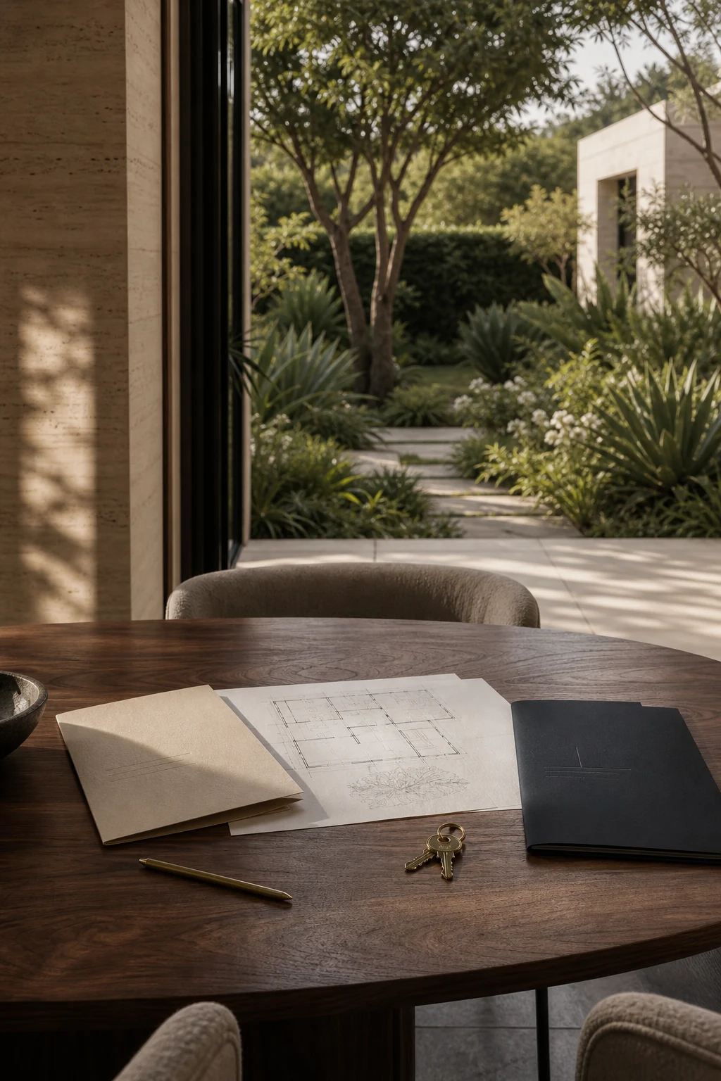 A property appraisal table with plans, folders and house keys