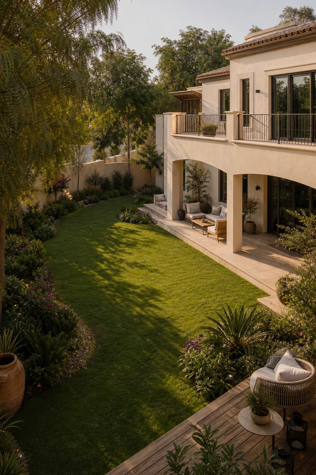 A renovated villa with a large irregular garden and shaded terrace