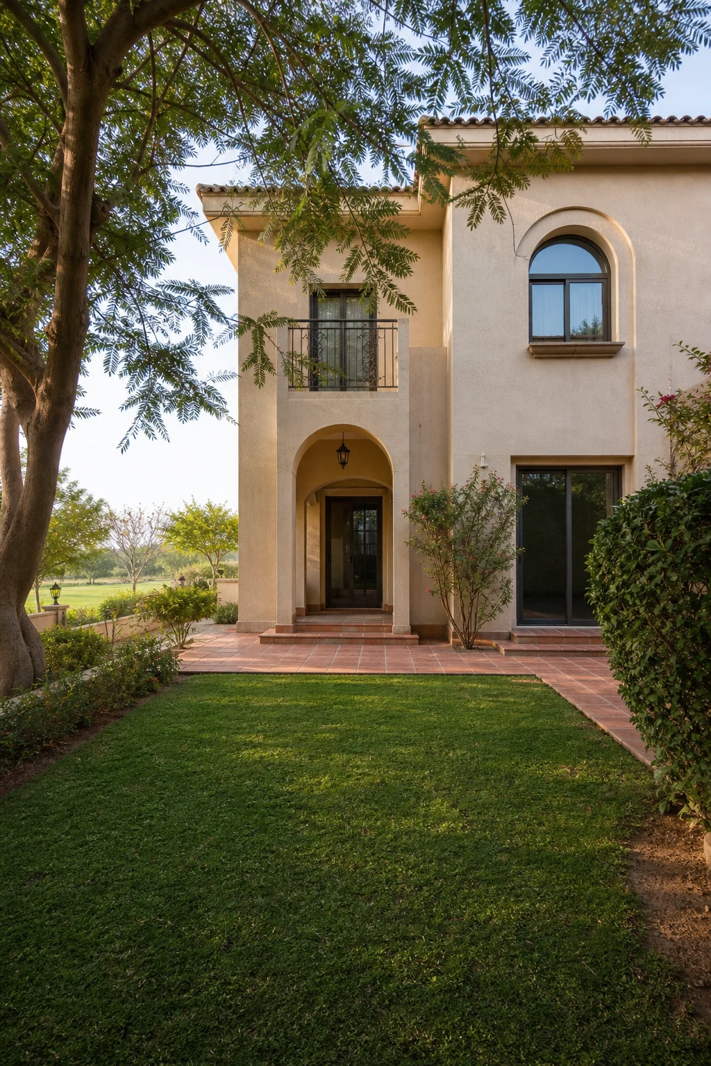 An original-condition villa with a compact garden and open green outlook