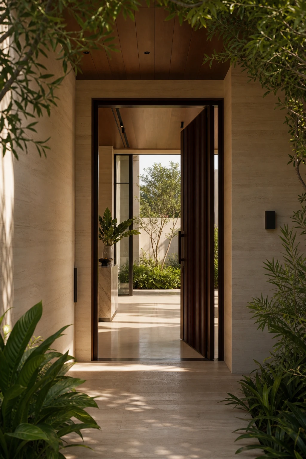 An open villa entrance leading to a planted internal courtyard