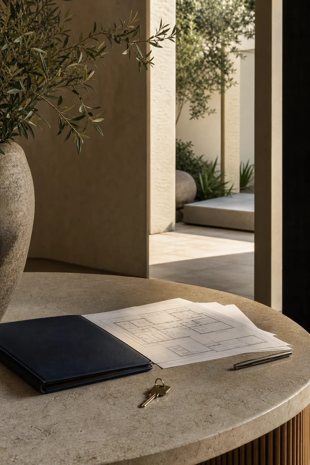 Architectural plans, a key and document folio inside a contemporary Dubai home