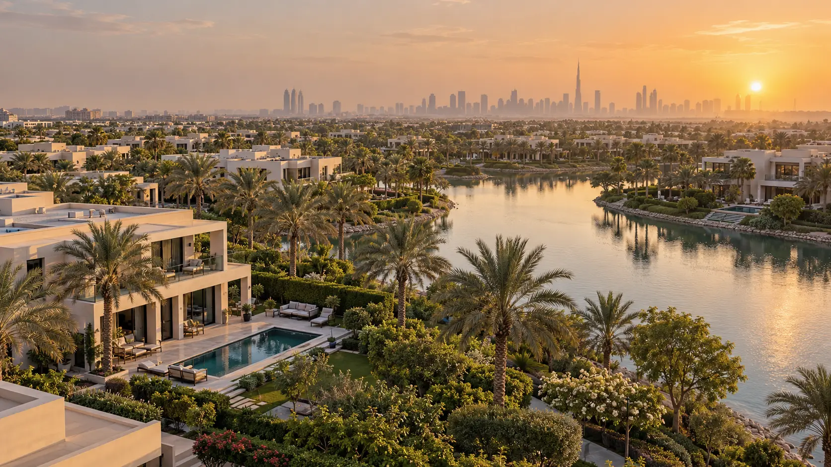 Illustrative generated image of a Dubai villa community around a lake at sunset, with palms, gardens and the city skyline beyond