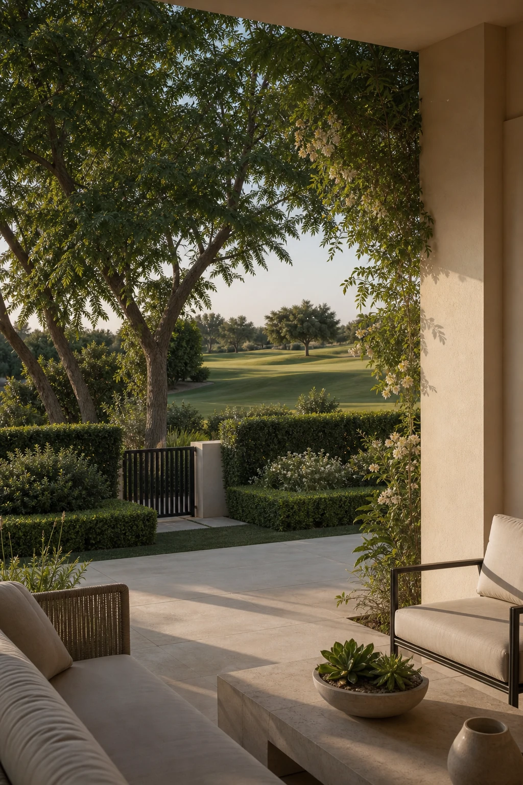 A shaded villa terrace and private garden overlooking a golf fairway