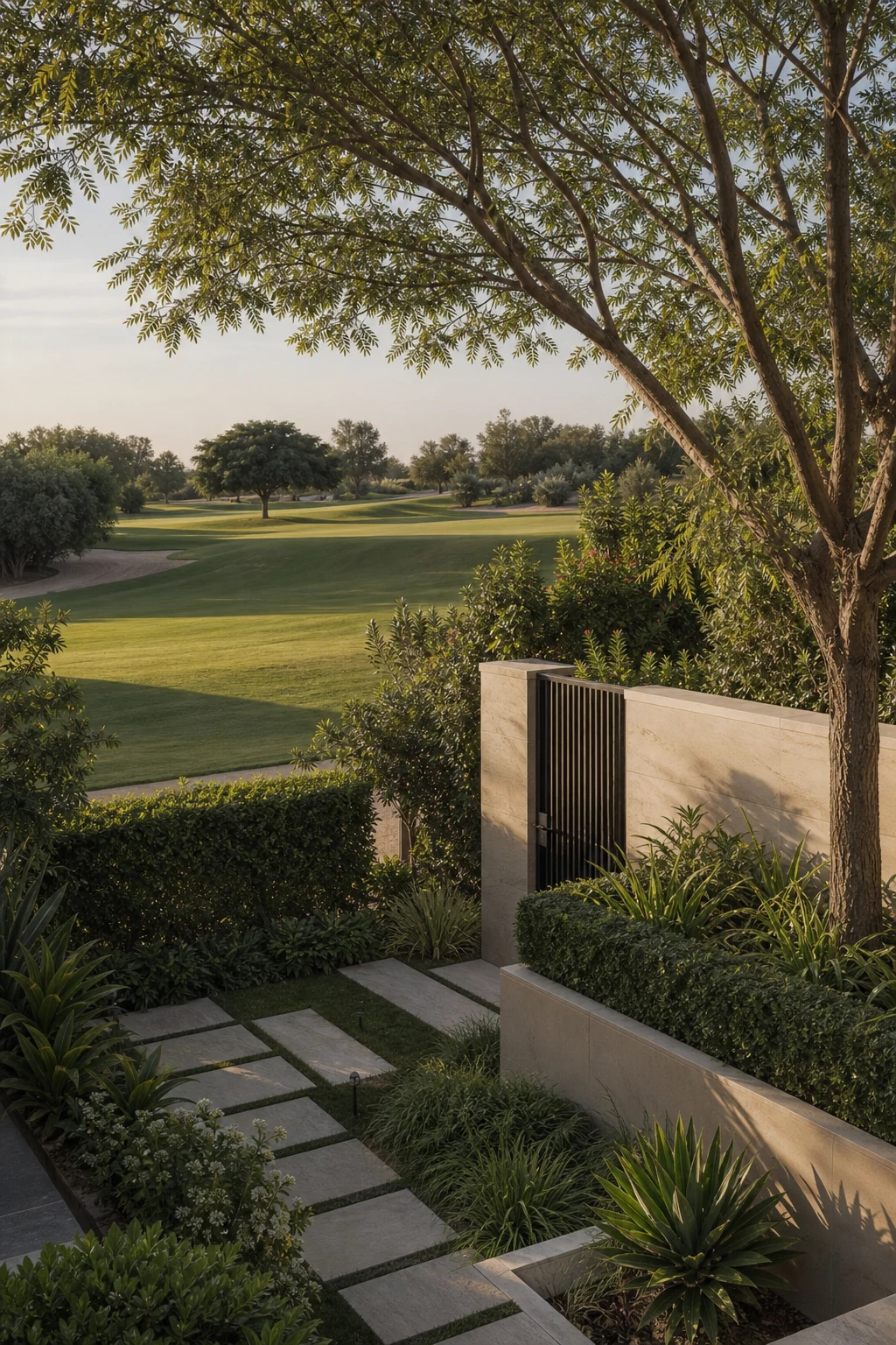 A private villa garden opening onto a mature golf fairway