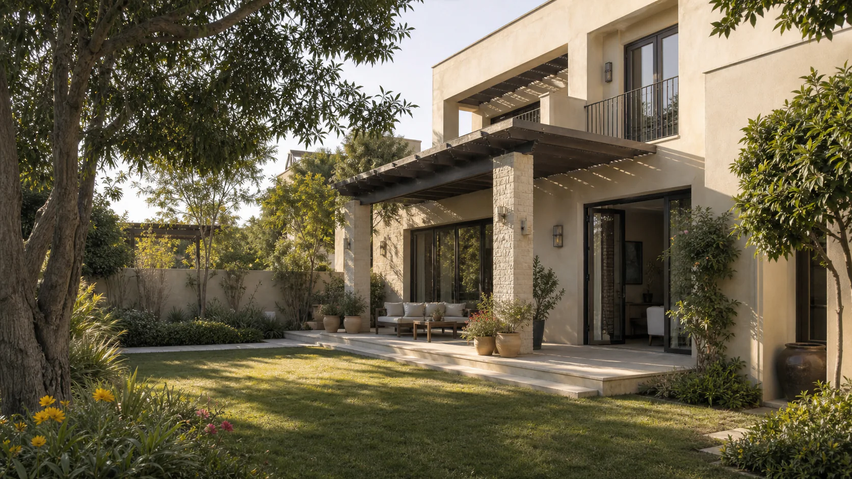 Contemporary Dubai villa opening onto a mature private garden and shaded terrace