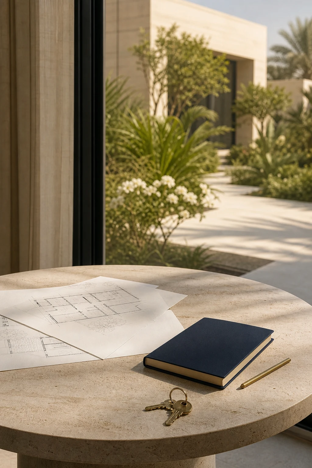 Property plans, a notebook and house keys beside a villa garden