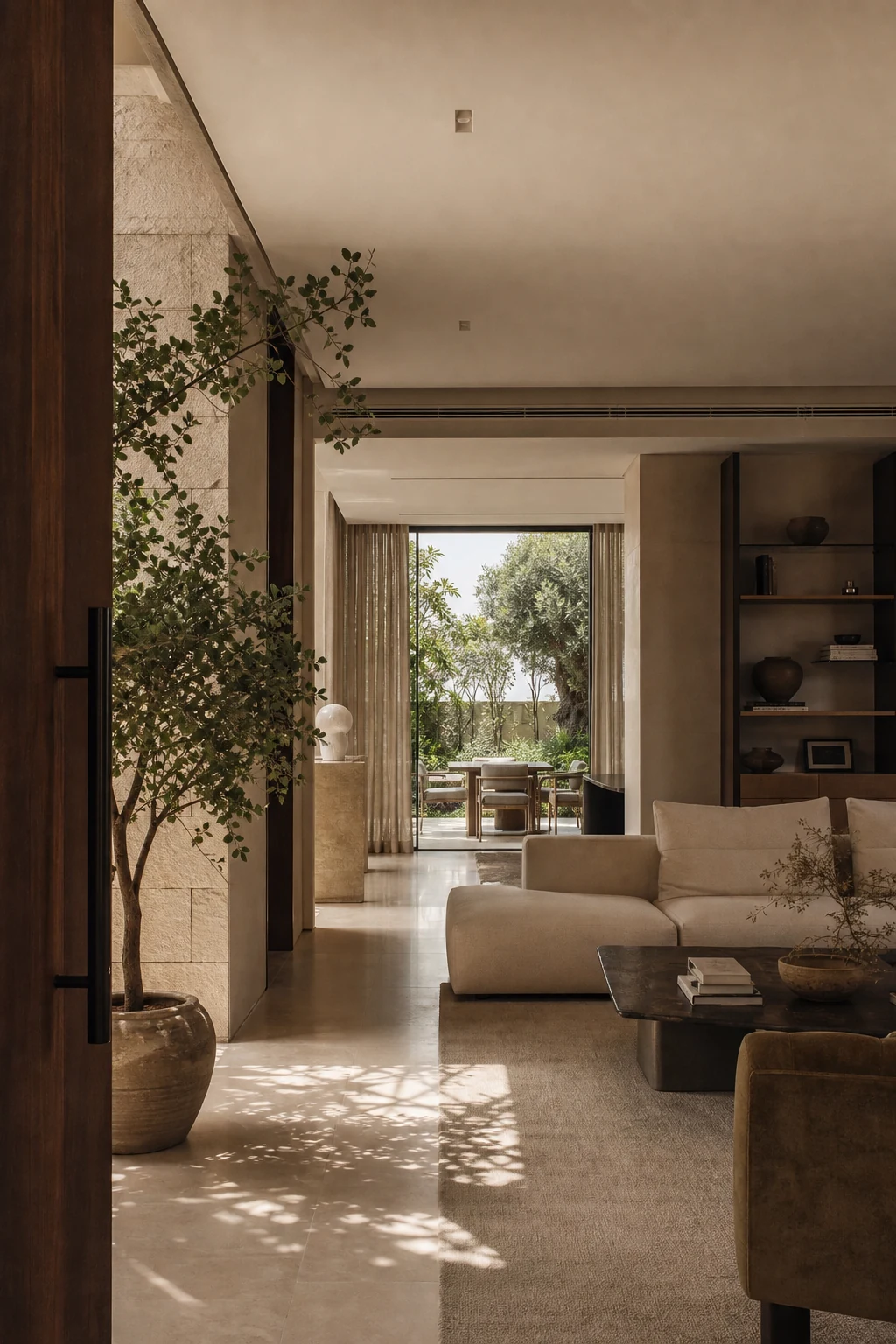 A calm villa entrance leading through the living space to a private garden