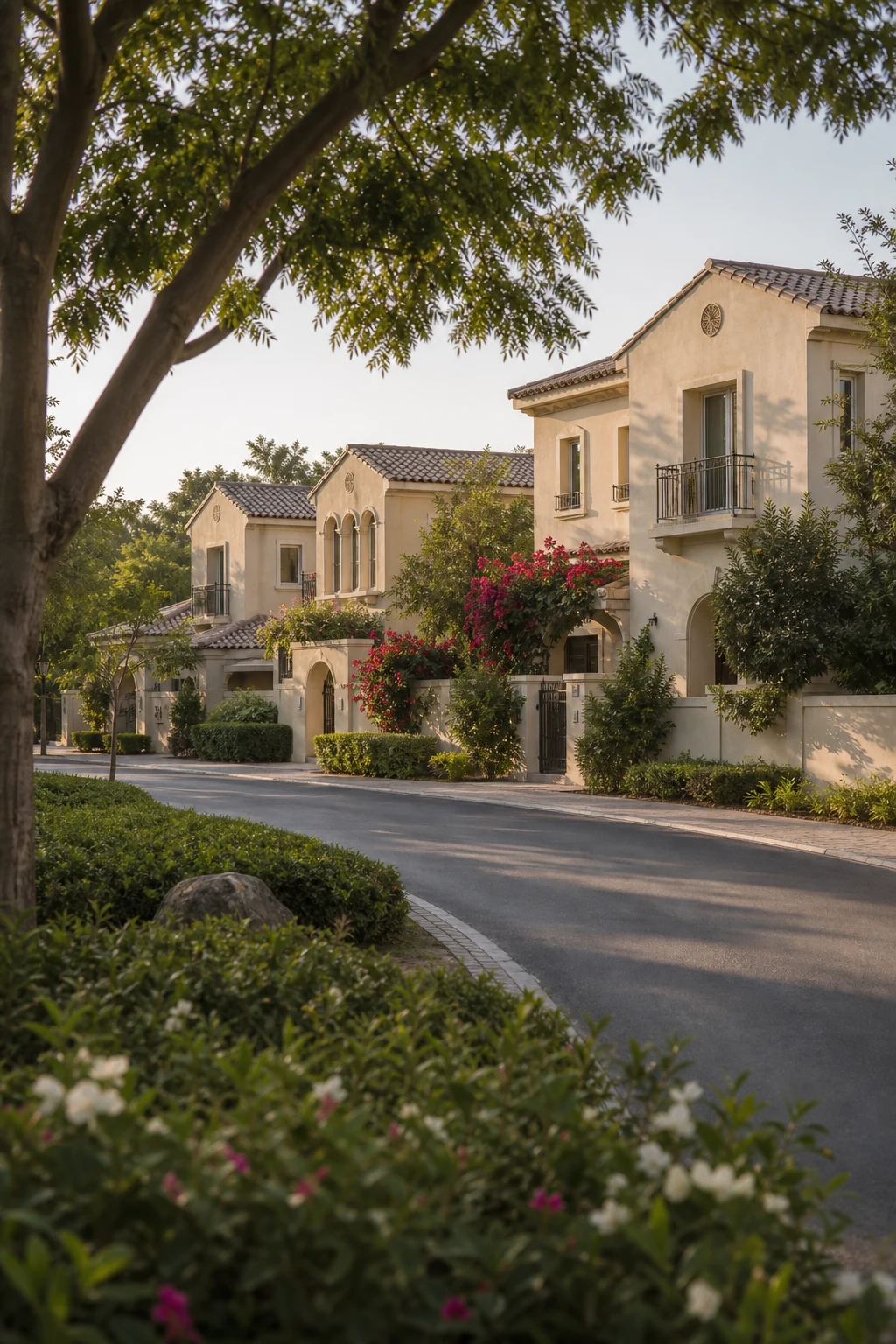 A sequence of established villas with different positions and garden boundaries