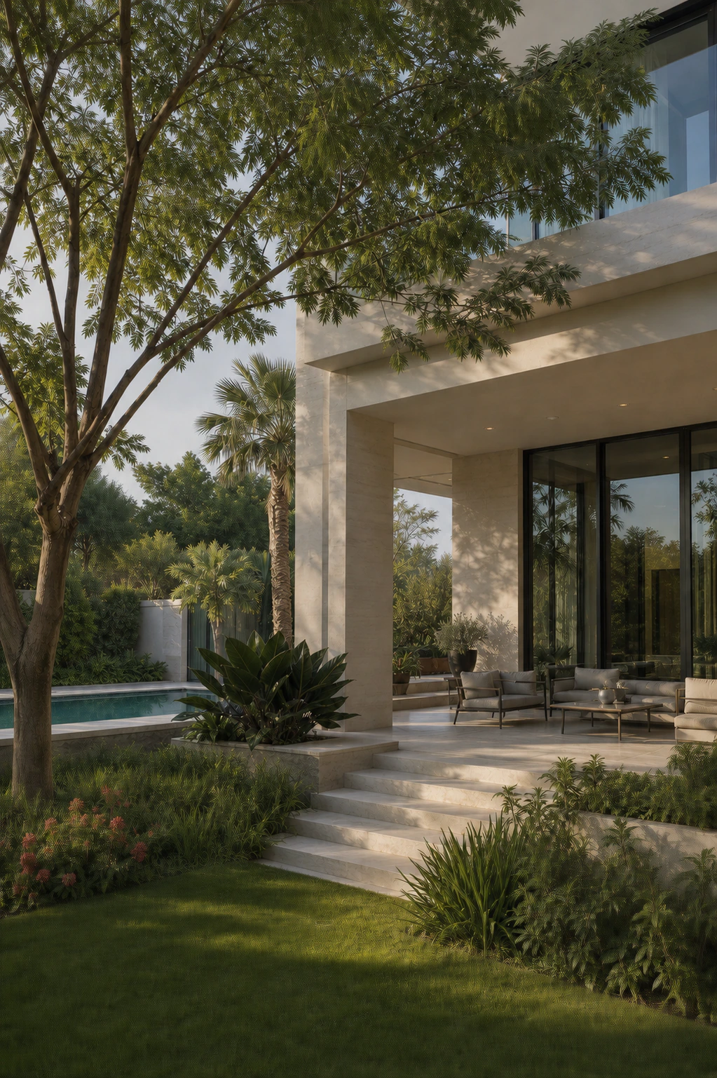 A mature villa garden connecting a shaded terrace and pool