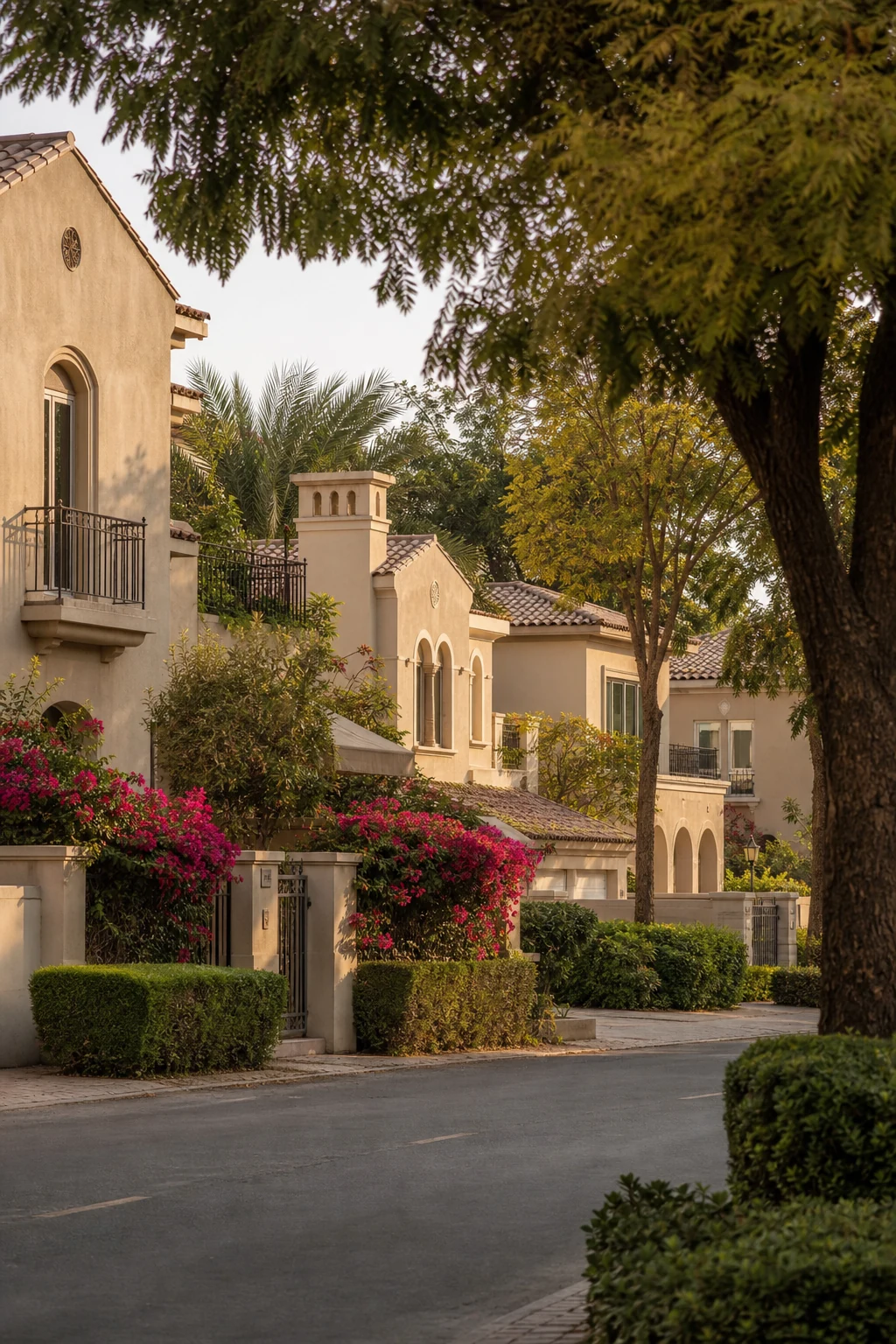 Different established Arabian Ranches villas along one mature residential street