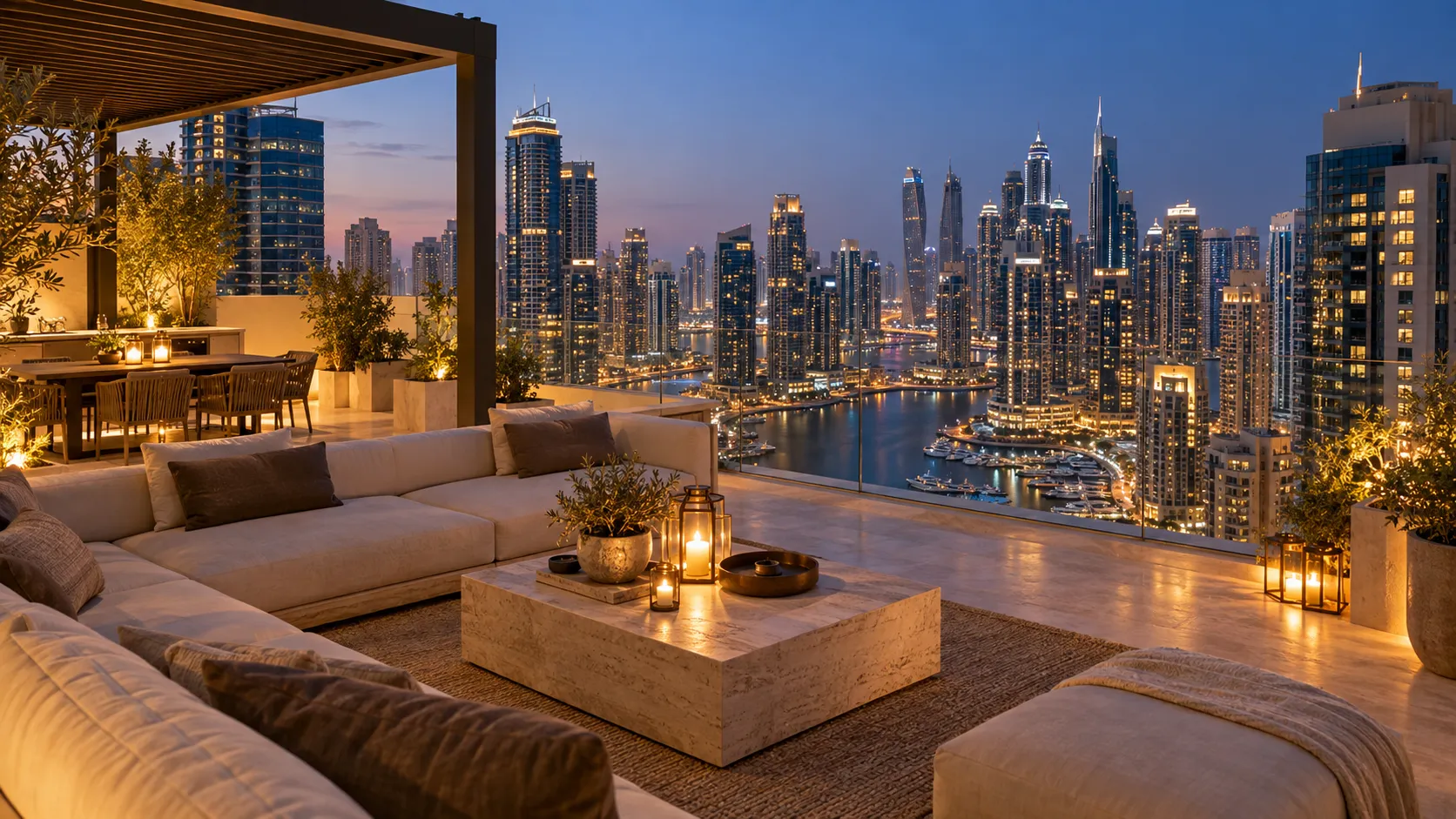 Illustrative rooftop terrace at blue hour overlooking Dubai Marina
