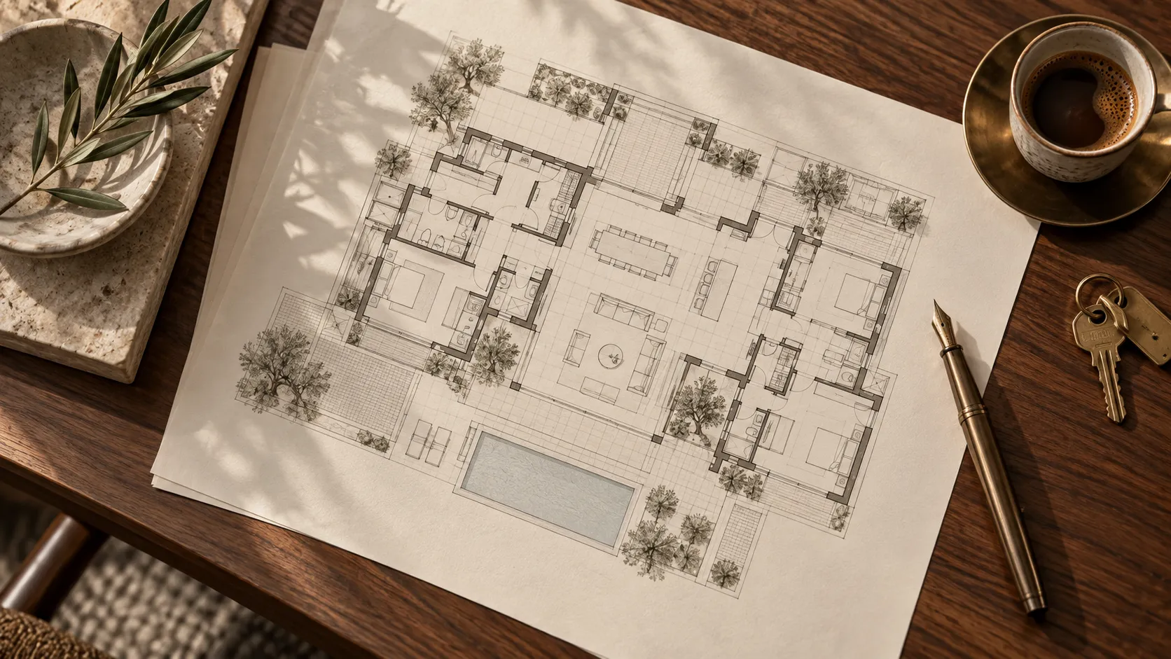 Illustrative floor plan, keys and coffee on a walnut desk