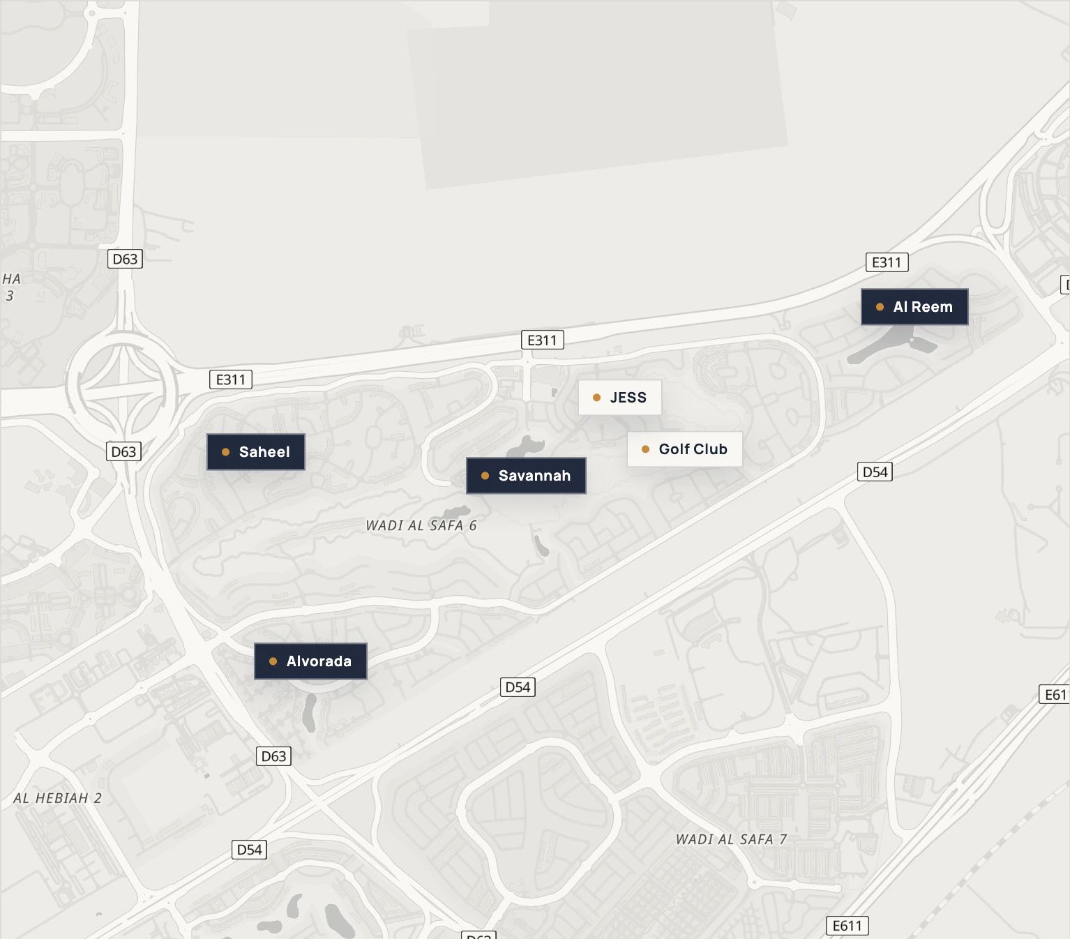 Map showing Saheel, Savannah, Alvorada, Al Reem, JESS and Arabian Ranches Golf Club